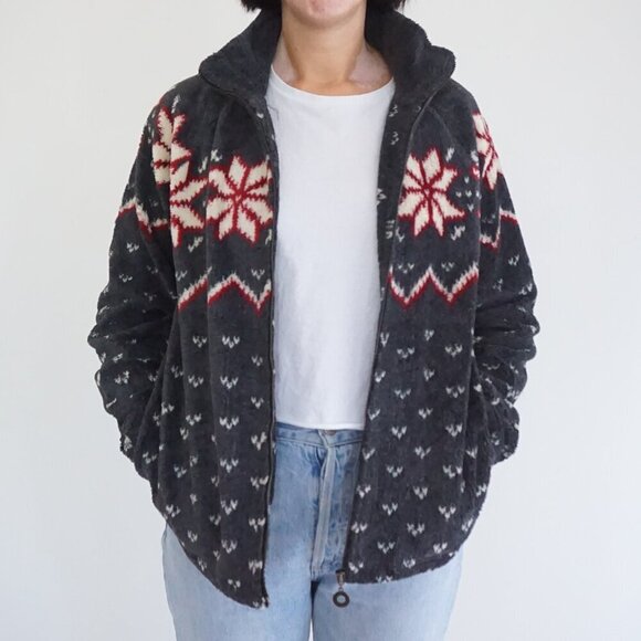 Sweaters - Barrage Collection Gray Nordic Snowflake Zip Jacket Winter Fair Isle Cabincore L